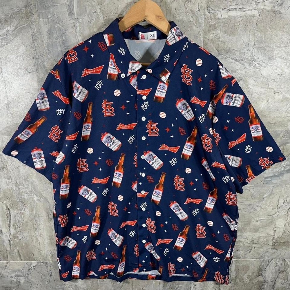 St. Louis Cardinals Baseball Team Sz XL Blue Button Shirt Budweiser Beer